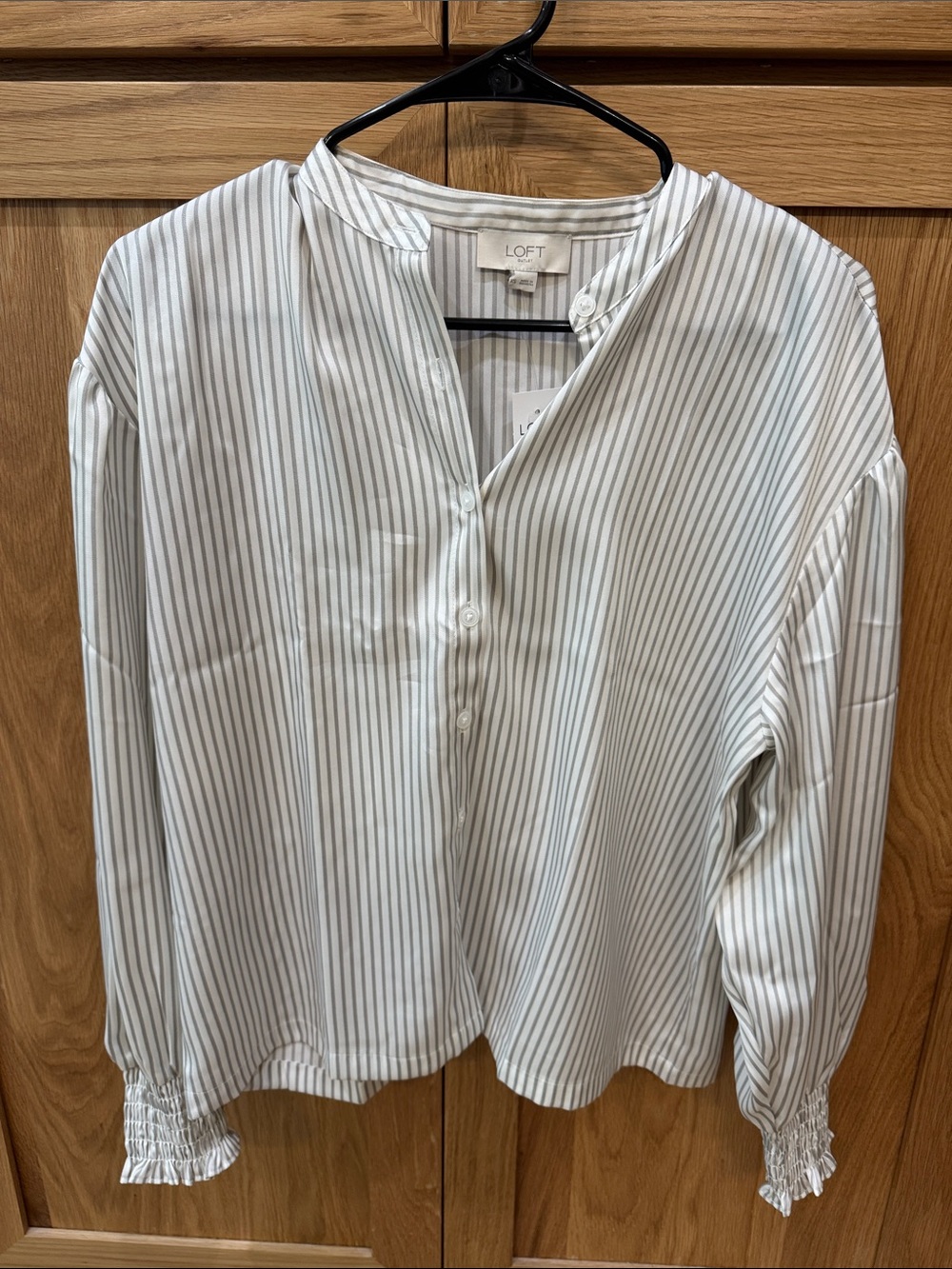 LOFT White Blouse with Gray Pinstripes